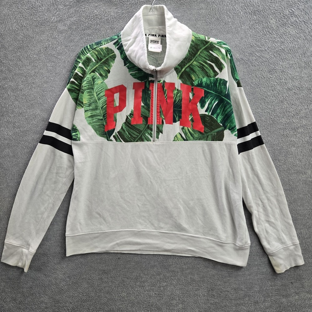 PINK Victoria's Secret Women Hoodie M White Floral Fleece Logo Quarter Zip Cowl
